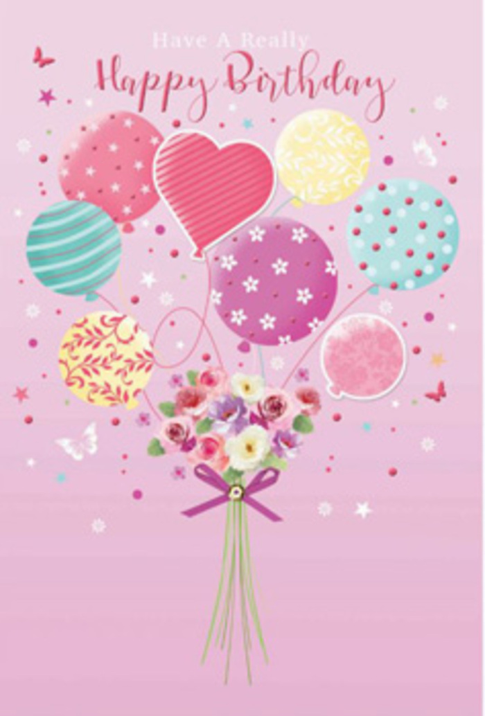 This birthday card illustration captures the lift and lightness of a celebration in Alperton, as if the happiness of the day were rising like balloons above the rooftops near the Sainsbury's by the canal. The scene is set on a gentle pink canvas, softly luminous, with no harsh edges - only the rounded shapes of balloons and blossoming flowers. A cluster of pastel balloons sits high in the composition, all tethered to a single point where the stems of a bouquet meet. Each balloon carries its own character: some are brushed with swirling ribbons, others sprinkled with dots that look ready to dance, and several glow with washes of sea green, soft lemon, lavender, and warm rose. In the centre, a heart-shaped balloon adds a quiet, affectionate note, suggesting wishes made for someone dearly loved. At the base, the floral bouquet is tightly gathered and full, like an expertly arranged hand-tie from a trusted local shop. Petite roses and daisy-like blooms in creamy ivory, blush pink, and dusty mauve cluster together, their petals slightly overlapping, with gentle shading that gives them depth and softness. They appear freshly cut, as if just delivered for a birthday breakfast by the Grand Union Canal. A rich purple bow, slightly sparkling, cinches the stems and provides a polished finishing touch. Around the bouquet, tiny starbursts and butterfly motifs flit, suggesting movement and the lightness of a spring breeze. The overall feeling is one of tender festivity - not loud or brash, but quietly joyful - a visual echo of the way a beautifully chosen birthday bouquet can make someone in Alperton feel seen, cherished, and truly celebrated.