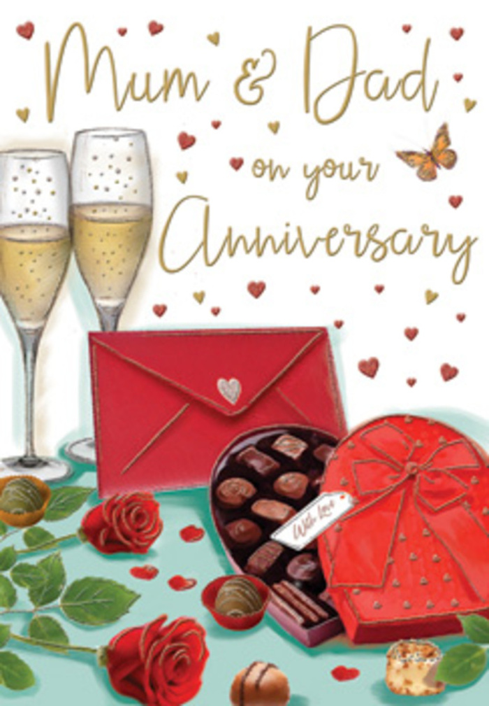 The anniversary card artwork presents an inviting still life that could easily be imagined on a dining table in an Alperton home after a celebratory meal. At its heart, lush red roses rest gracefully amidst a fan of rich green leaves, their petals painted with such supple curves and shadows that they evoke the texture of freshly cut blooms delivered the same day from a local florist near Ealing Road. The roses' deep crimson hue suggests romance that has mellowed into something warm and enduring. Just alongside, an open heart-shaped box of chocolates takes pride of place, its interior cradling a tempting array of truffles and pralines, each one individually nestled and gleaming softly. A dramatic red bow, once perfectly tied around the box, spills out in satin-like ribbons, adding movement and a sense of indulgent generosity. Behind this inviting duo, two elegant champagne flutes stand side by side, their slender stems close enough to almost touch, each glass filled with golden bubbly that seems to sparkle under soft, ambient light, much like the glow from a nearby lamp in a family living room near One Tree Hill Recreation Ground. Faint reflections dance along the glass, hinting at the gentle motion of raised toasts and shared laughter. All around, drifting gold and crimson hearts weave through the design, encircling the tender inscription to Mum & Dad, giving the scene a playful, celebratory rhythm. A vivid red envelope lies partly in view, hinting at the presence of a heartfelt handwritten message tucked safely inside. Altogether, the composition feels both intimate and festive, a quiet tribute to parents whose journey together is marked by sweetness, sparkle, and the timeless beauty of red roses.