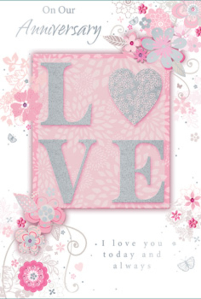 Opening this card is like stepping into a quiet, sun-warmed conservatory where small acts of love are treasured. The design centres on the word 'LOVE' executed in raised, frosted glitter that invites the fingertips-the textured letters catching and scattering light with a gentle, playful glint. The composition is bordered by wispy, hand-drawn blossoms and soft sprays whose tones travel from pale pink through lilac to warm ivory, blending like petals overlapped in a hand-tied bouquet. Fine filigree lines and tiny fluttering butterflies are threaded through the design, their faint silver accents suggesting movement and the hush of an English spring garden. The paper's soft sheen and the pearly white highlights give the artwork a luminous quality, as if late-morning light from Alperton's high street were filtering through a nearby window. A heartfelt message, 'I love you today and always,' appears in understated, elegant script-simple words that fold into the visual poetry of the card. I often pair cards like this with locally chosen stems for clients around Ealing Road and Wembley, imagining it slipped into a bouquet by Florist Alperton or tucked into a delivery collected from familiar market stalls. The card reads as both keepsake and promise: tactile, fragrant in memory, and composed with the same thoughtful attention a florist gives when binding ribbon to stems.