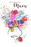 On this Mother's Day card, a joyful, painterly bouquet appears as if it has been brushed into being by a florist-artist who knows every seasonal bloom available in Alperton. Swirls of lush purple, bold cerise, and vivid pink petals crowd together at the centre, supported by softer washes of blue, lavender, and gentle apricot that dissolve into one another at the edges. Deep indigo outlines flicker in and out of focus, suggesting individual petals and layers without ever becoming rigid or overly detailed. Fine lines and tiny flecks of gold shimmer across the composition, picking out certain curves and contours the way sunshine catches on fresh petals arranged for same-day delivery. The flowers rest in a simple vase indicated by cool blue and lilac washes, finished with an elegant golden bow at the front that conveys the feel of satin ribbon tied by experienced hands. Around this focal point, scattered splashes of colour and small heart motifs drift across the clean white background, like petals tossed in celebration along local streets near Ealing Road or the surrounding residential crescents. The entire design has an airy, luminous quality, as if the colours are still drying on the page, alive with movement and feeling. It evokes the scent and softness of a real bouquet without depicting specific flower varieties, focusing instead on the mood of gratitude, affection, and joy that Mother's Day brings. The card feels like a visual hug, a tender companion to a lovingly prepared arrangement arriving at a cherished mum's door in Alperton.