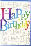 The image shows a joyful birthday card whose front cover glows with colour and gentle sparkle, capturing the same upbeat spirit you might sense passing a flower stall near Alperton station. Across the centre, Happy Birthday is written in broad, friendly letters that blend through the full arc of a rainbow-starting with deep berry reds, moving through warm oranges and pinks, then into cool violets, blues, and greens, before settling into soft lemon and golden tones. The gradient is smooth and painterly, giving the sense of colour brushed lovingly across each letter, as if inspired by the mixed hues of a spring bouquet. Behind this central phrase, a soft ivory background is covered in repeating lines of fine gold handwriting that quietly sing out Happy Birthday to you. The cursive script is slim and looping, and it glints just enough to suggest metallic ink or light glitter, reminiscent of early sunlight reflecting off the canal near Alperton. Scattered delicately over the design are little multi-coloured stars and dots, mimicking confetti fluttering through the air at a party, yet placed sparingly so the overall effect remains elegant rather than busy. The card's surface appears smooth and slightly lustrous, as though it would feel pleasantly cool and sleek to the touch. Visually, the piece balances bold, main-street cheerfulness with a refined, almost handwritten intimacy. It looks like the kind of card that would be paired with a bright birthday arrangement for delivery across Alperton, turning a simple greeting into a keepsake that feels thoughtful, festive, and sincerely meant.