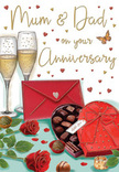 This illustrated anniversary card captures the feeling of a cherished family celebration, the kind of moment you might share in a snug Alperton flat after a special evening in nearby Wembley. At the centre, two sumptuous red roses lie gracefully on a light surface, their petals layered and velvety, framed by deep green foliage that adds freshness and balance. The roses' intense crimson shades speak of enduring romance and heartfelt gratitude, much like the classic anniversary arrangements we create at Florist Alperton. Just beside them, an open heart-shaped box reveals a careful array of chocolates, each truffle nestled in its own little cradle, some darker, some lighter, all promising rich, shared indulgence. A generous red bow, still attached to the box, cascades outward in flowing loops, its glossy texture catching imagined light and adding a sense of luxury. Rising behind this inviting foreground, two tall champagne flutes filled with golden fizz stand close together, their bubbles rising in tiny trails that suggest movement and celebration. Subtle reflections shimmer along the glass, as if lit by warm evening light streaming through a window overlooking the Grand Union Canal. Scattered throughout the background, delicate gold and crimson hearts drift like softly falling confetti, encircling a gentle message addressed to Mum & Dad and setting a joyful, affectionate tone. In the lower corner, a bright scarlet envelope sits ready to be opened, hinting at private, handwritten words of love and thanks. The whole composition exudes warmth, sweetness, and togetherness, capturing the essence of an anniversary shared by parents whose love has quietly shaped the life of their family.